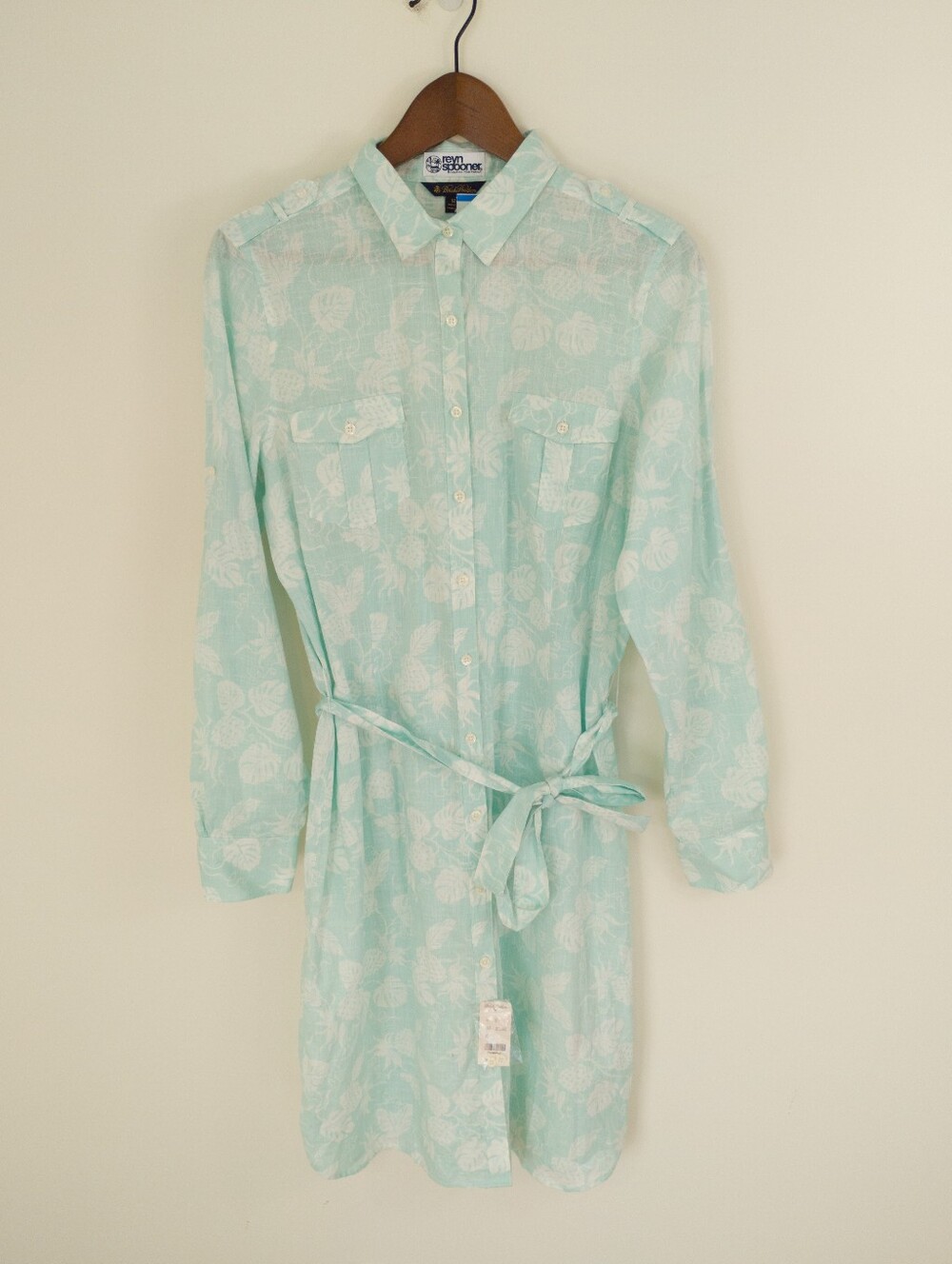 Brooks Brothers x Reyn Spooner Pineapple Shirt Dress Mint Green Ramie Cotton 12